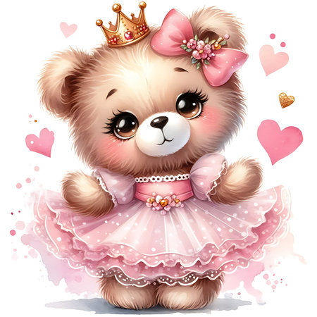 Cute cartoon teddy bear princess in a pink dress with a crown.の素材