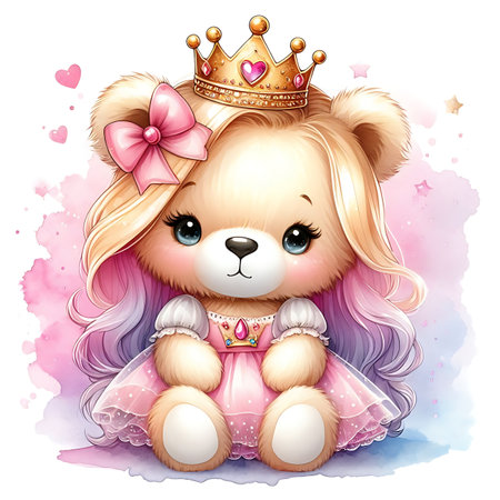 Cute teddy bear princess with crown. Watercolor illustration.の素材
