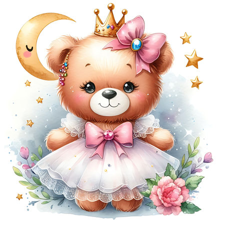 Cute teddy bear princess with crown and flower. Watercolor illustration.の素材