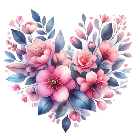 Floral heart with pink and blue flowers and leaves. Vector illustration.の素材