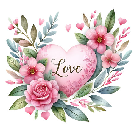 Romantic floral wreath with pink flowers and leaves. Vector illustration.の素材