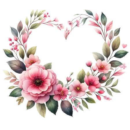 Watercolor vector floral heart frame with pink flowers and green leaves.の素材