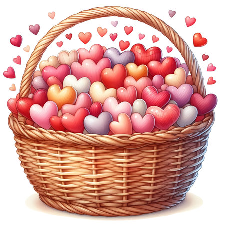 Wicker basket full of colorful hearts on white background. Vector illustration.の素材