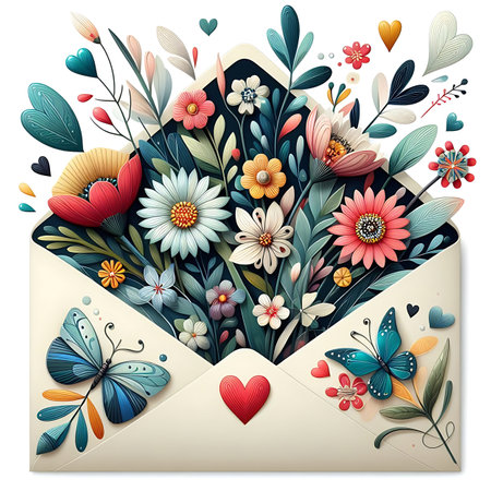 Envelope with flowers, butterflies and hearts. Vector illustration.の素材