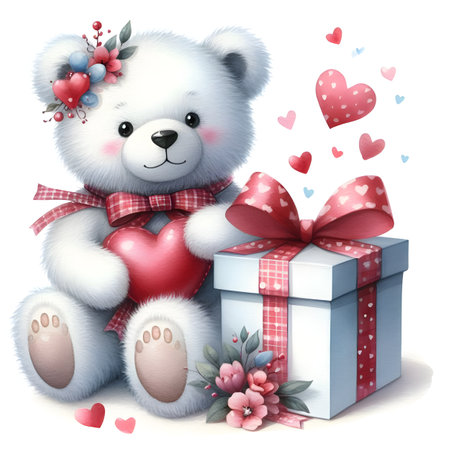 Cute teddy bear with gift box and hearts. Valentine's day.の素材