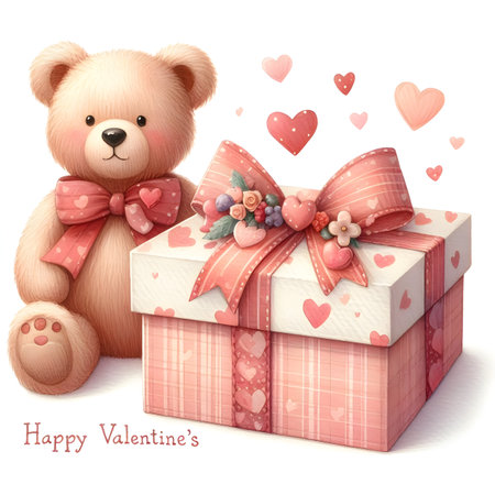 Valentine's Day greeting card with teddy bear and gift boxの素材