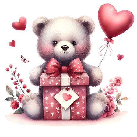 Cute teddy bear with a gift box and a red heartの素材