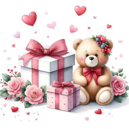 Valentine's Day greeting card with cute teddy bear and gift box.の素材