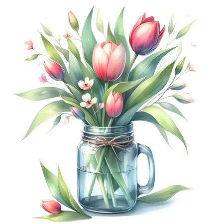 Bouquet of tulips in a glass jar. Vector illustration.の素材