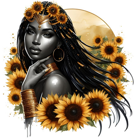 Illustration of a beautiful African American girl with sunflowers.の素材