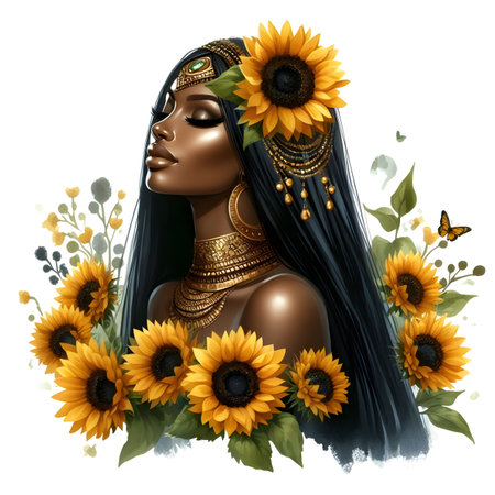 Portrait of beautiful african american woman with sunflowersの素材