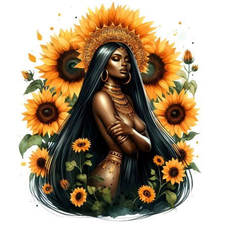 Beautiful woman with sunflowers in her hair. Vector illustration.の素材