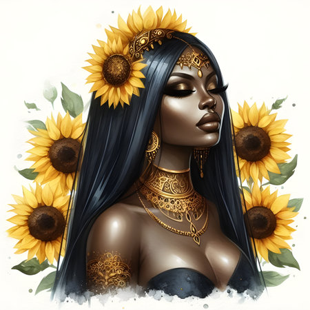 Beautiful girl with sunflowers in her hair. Digital painting.の素材