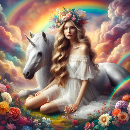 Fantasy fairy tale girl with white unicorn on the background of colorful cloudsの素材