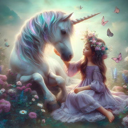 Beautiful little princess with unicorn in fantasy landscape. Fairytale scene.の素材