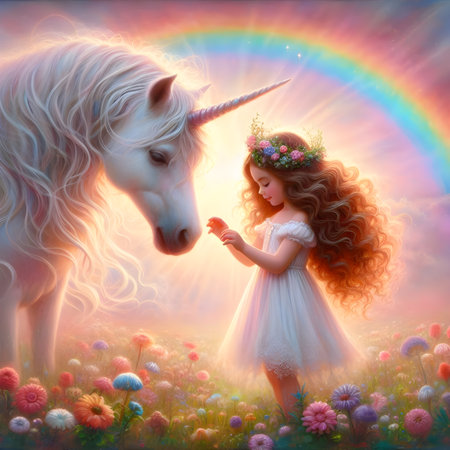 Little girl playing with unicorn in the meadow with flowers and rainbowの素材