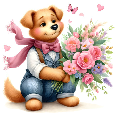 Illustration of a cute dog with a bouquet of flowers.の素材