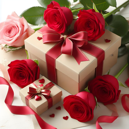 Gift boxes and red roses on white wooden table, closeup, Valentine's Day background with red roses and gift box.の素材