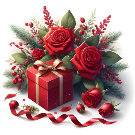 Gift box with red roses and fir branches. Vector illustration. Valentine's Day background with red roses and gift box.の素材