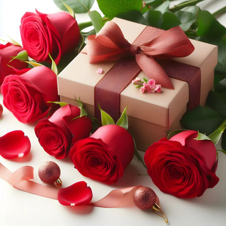 Beautiful red roses and gift box on white background, closeup, Valentine's Day background with red roses and gift box.の素材