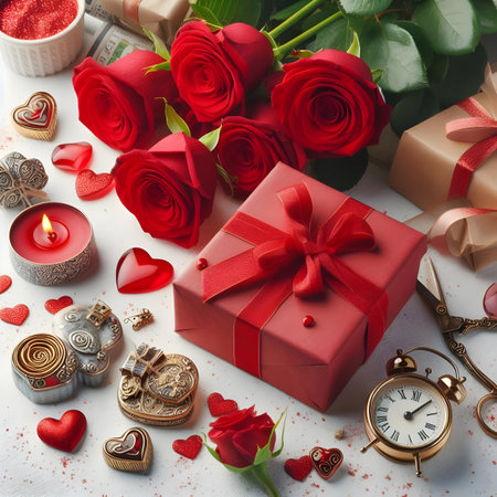 Valentine's day background with red roses, gift box and candlesの素材