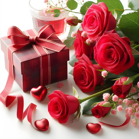 Valentine's Day background with red roses and gift box.の素材