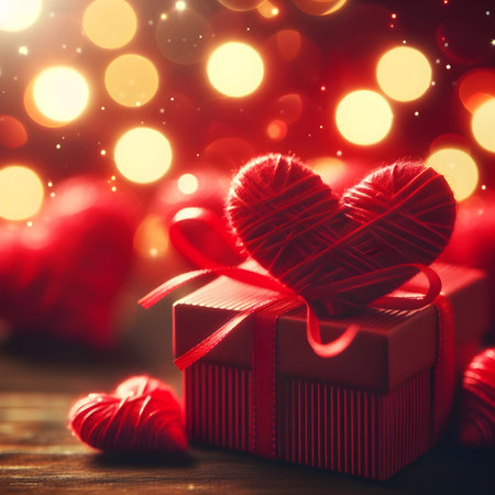 Gift box with red ribbon and hearts on bokeh backgroundの素材