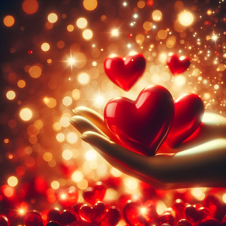 Red heart in female hand on bokeh background. Valentine's day card.の素材