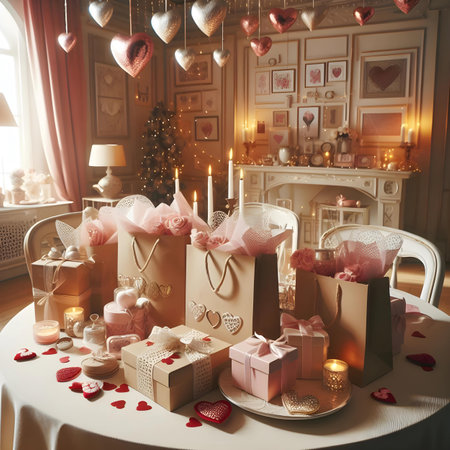 Valentine's Day interior with gift boxes, candles and candlesの素材