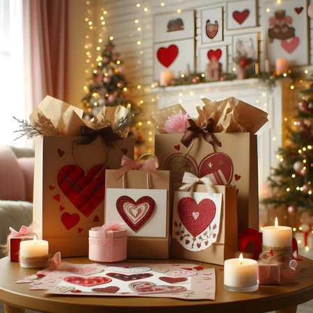 Valentine's Day gift boxes with hearts and candles in living roomの素材