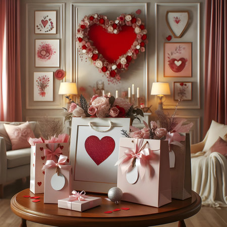 Lovely valentine's day interior with gift boxes and heartsの素材