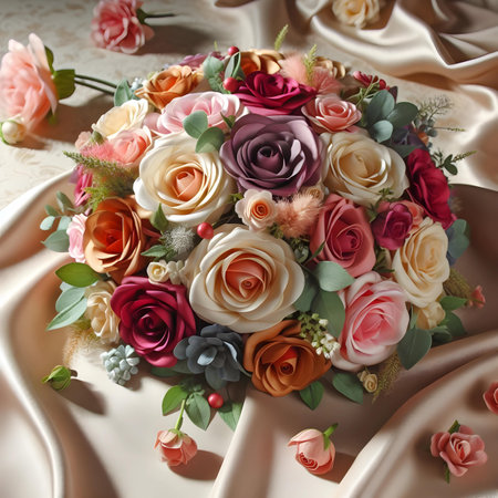 Beautiful wedding bouquet of roses on a beige satin, Valentine's Dayの素材