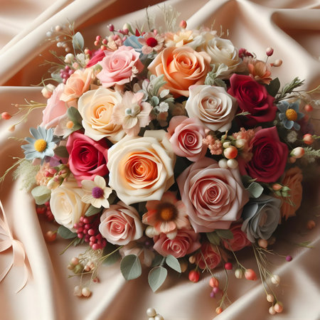 Beautiful bouquet of flowers on the satin background, top view, Valentine's Dayの素材