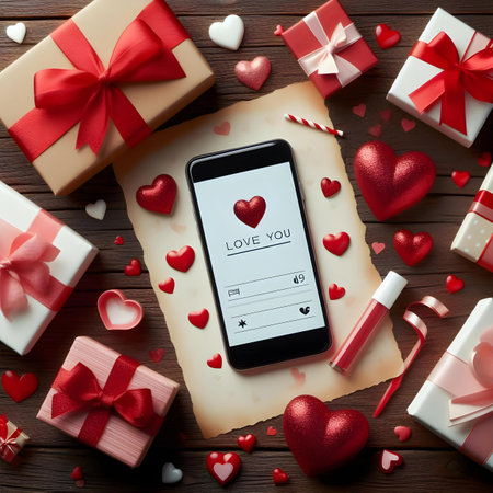 Valentine's day concept. Mobile phone with love letter on screen and gift boxes on wooden backgroundの素材