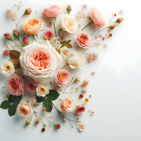 Flowers composition. Frame made of pink and orange roses on white background. Flat lay, top view, copy spaceの素材