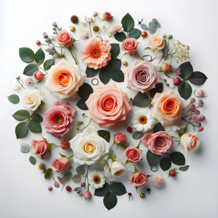 Round frame made of beautiful flowers on white background. Flat lay, top viewの素材