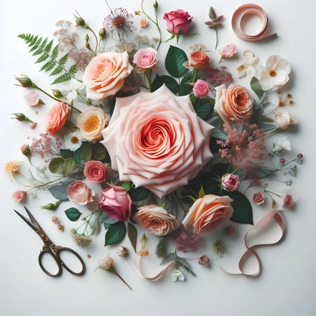 Flowers composition with roses and ribbons on white background. Flat lay, top viewの素材