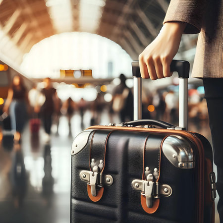 Woman with suitcase in airport terminal, closeup. Travel and tourism conceptの素材