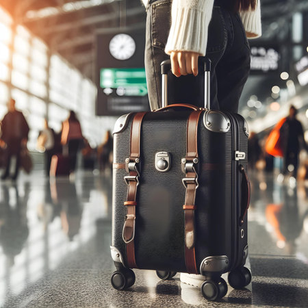 Woman with suitcase in airport terminal. Travel and tourism concept. Close up.の素材