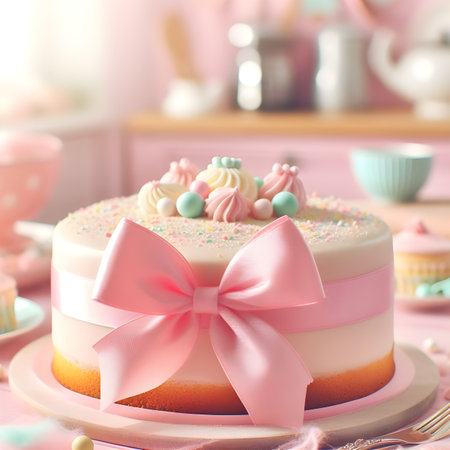 Delicious birthday cake with pink bow on table in kitchen, closeupの素材