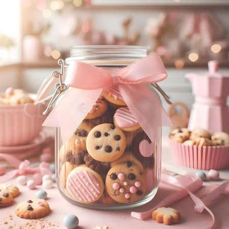 Glass jar with delicious cookies and pink ribbon on table, closeupの素材