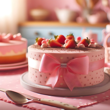Beautiful cake with strawberries on a pink background. Selective focus.の素材