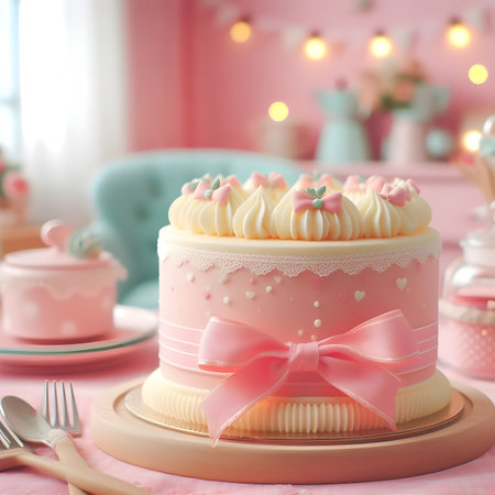 Cake with pink buttercream and pink ribbon on a pink backgroundの素材