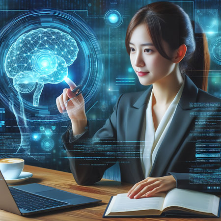 Asian businesswoman writing with marker on virtual screen with brain hologram. Double exposureの素材