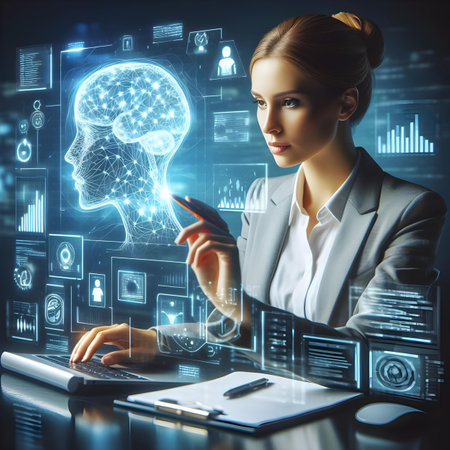 Attractive young businesswoman working on laptop with double exposure of brain hologram. Toned imageの素材
