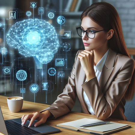 Attractive young businesswoman working with laptop in office with double exposure of brain hologram. Concept of AI. Toned imageの素材