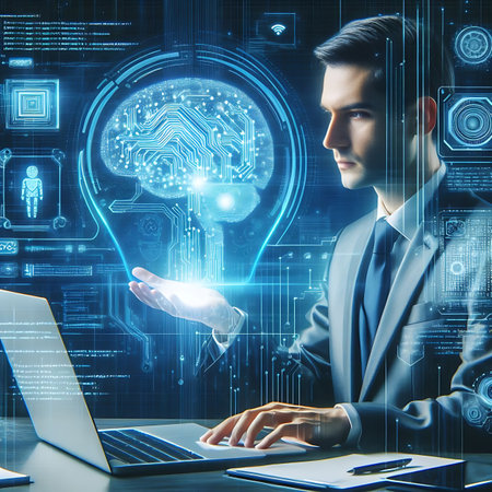 Side view of young businessman using laptop with digital brain hologram on blurry background. AI concept. Double exposureの素材