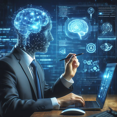 Side view of young businessman working with laptop and digital brain hologram. Toned image double exposureの素材