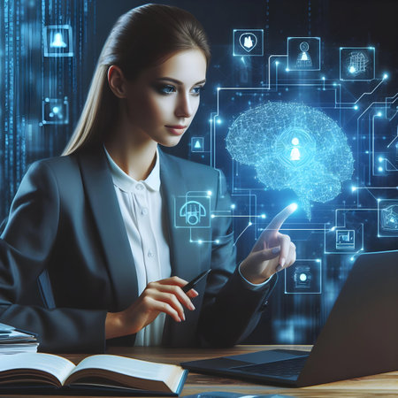 Attractive businesswoman working with laptop and digital brain hologram. Technology concept. Double exposureの素材