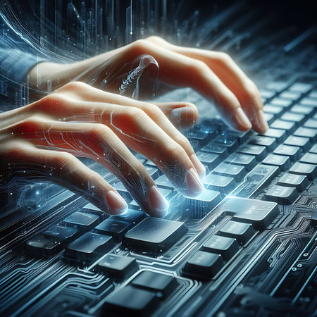 Close up of human hands on keyboard and circuit board background. Mixed mediaの素材
